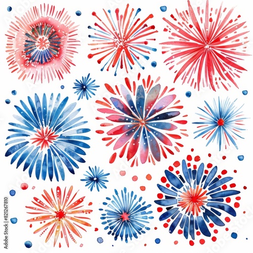 Fireworks in various colors and shape. United States Independence Day, watercolor illustration. ai generated