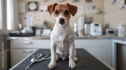 Brown and White Dog Sitting on a Counter