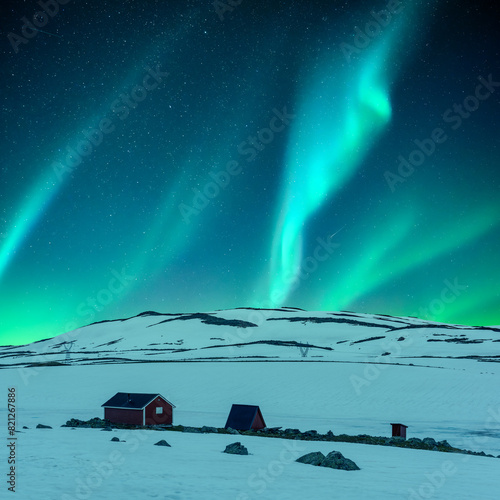 Aurora borealis Northern lights in night winter sky. Red wooden cabin on winter valley. Sky with green polar lights and stars