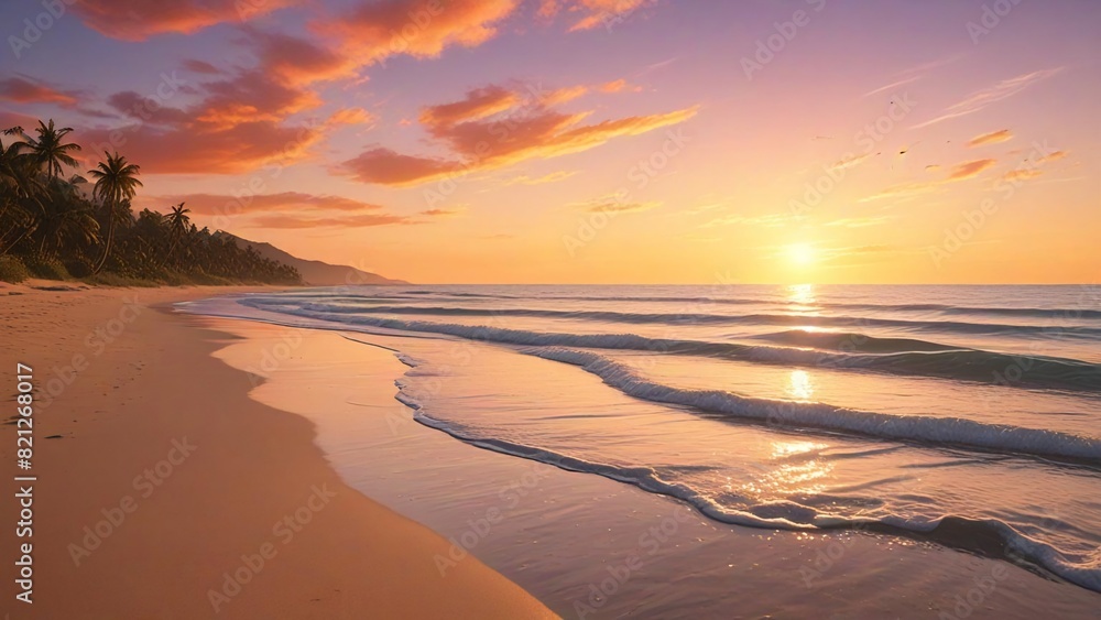 Stunning Sunset Over a Serene Beach with Gentle Waves