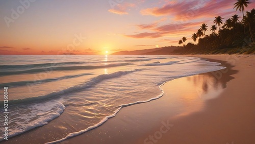 Stunning Sunset Over a Serene Beach with Gentle Waves