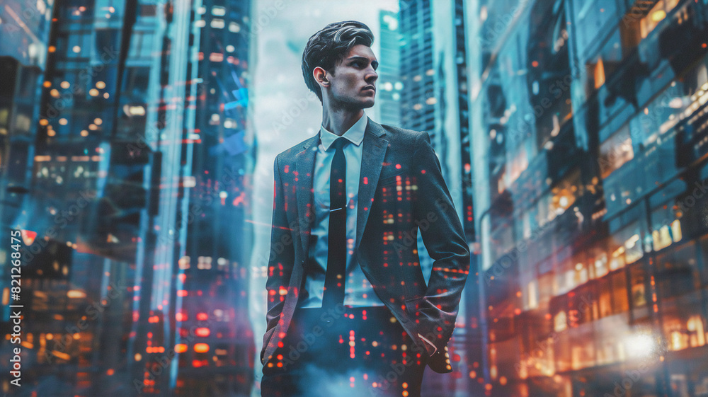 Double exposure businessman with cityscape view .