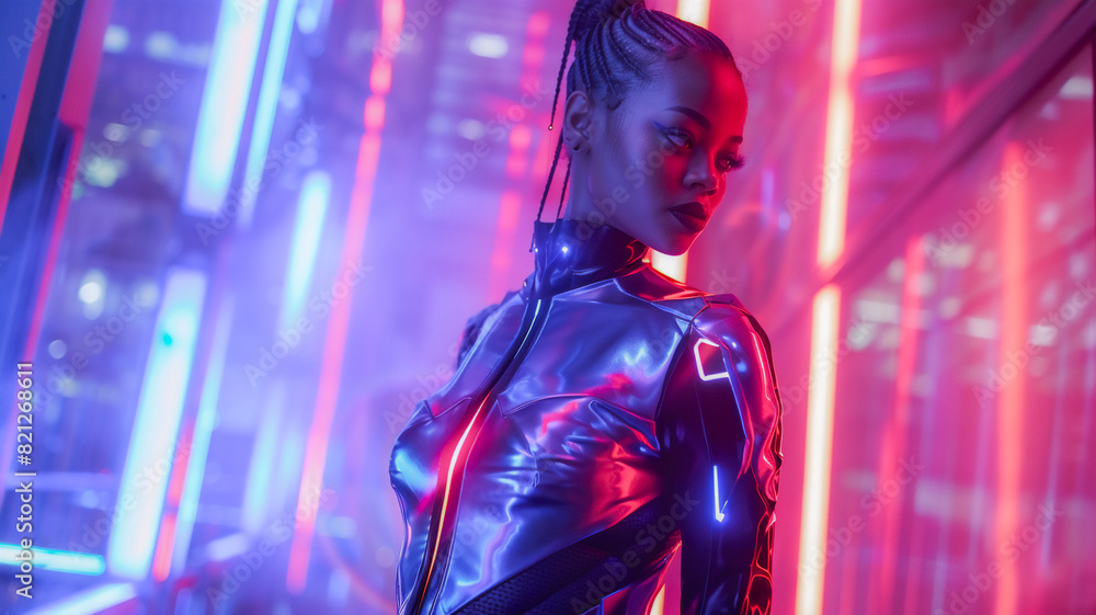 Portrait of young woman under neon light , futuristic neon studio . Portrait of young woman under neon light , futuristic neon studio .