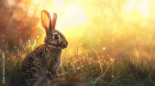 An attentive rabbit looks through a sunlit pasture photo