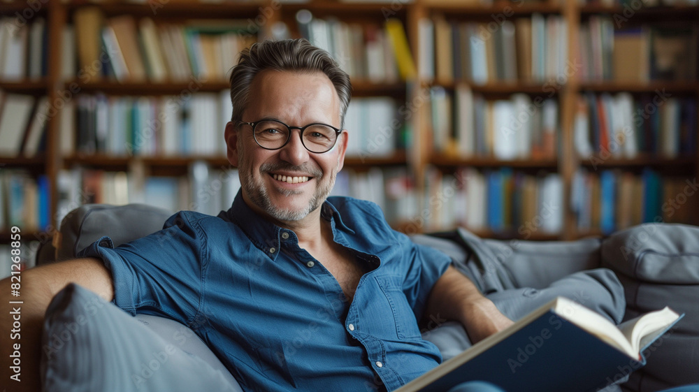 middle-aged man with glasses and a blue shirt, relaxing with a book in a cozy home library middle-aged man with glasses and a blue shirt, relaxing with a book in a cozy home library