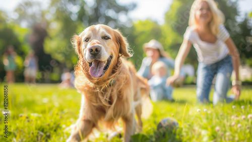 Cute dog with his family at park , pet and human relationship concept .