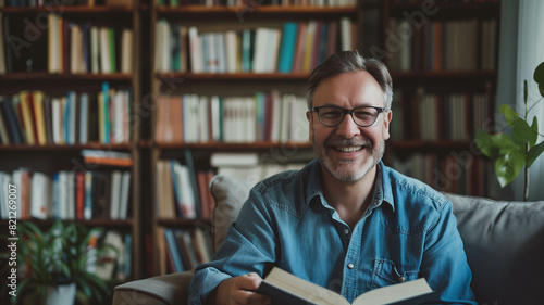 middle-aged man with glasses and a blue shirt, relaxing with a book in a cozy home library