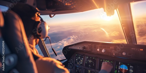 Pilot operating controls in an airplane cockpit with a view of the sunset outside