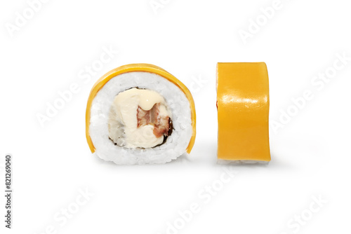 Sushi roll with cheddar, cream cheese and eel on white photo