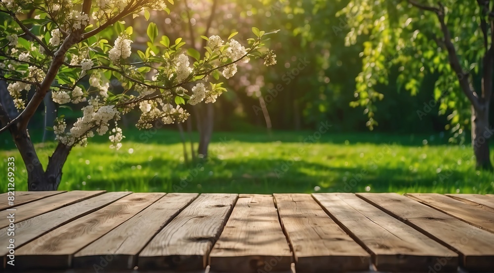 Spring beautiful background with green lush young foliage and flowering branches with an empty wooden table Spring beautiful background with green lush young foliage and flowering branches with an empty wooden table