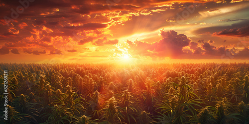 field of cannabis plants with a golden sunset in the background