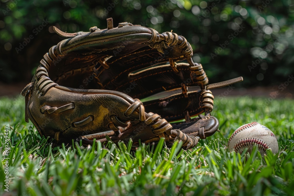 Detailed Close-Up of Worn Baseball Glove and Ball on Green Grass Field Detailed Close-Up of Worn Baseball Glove and Ball on Green Grass Field