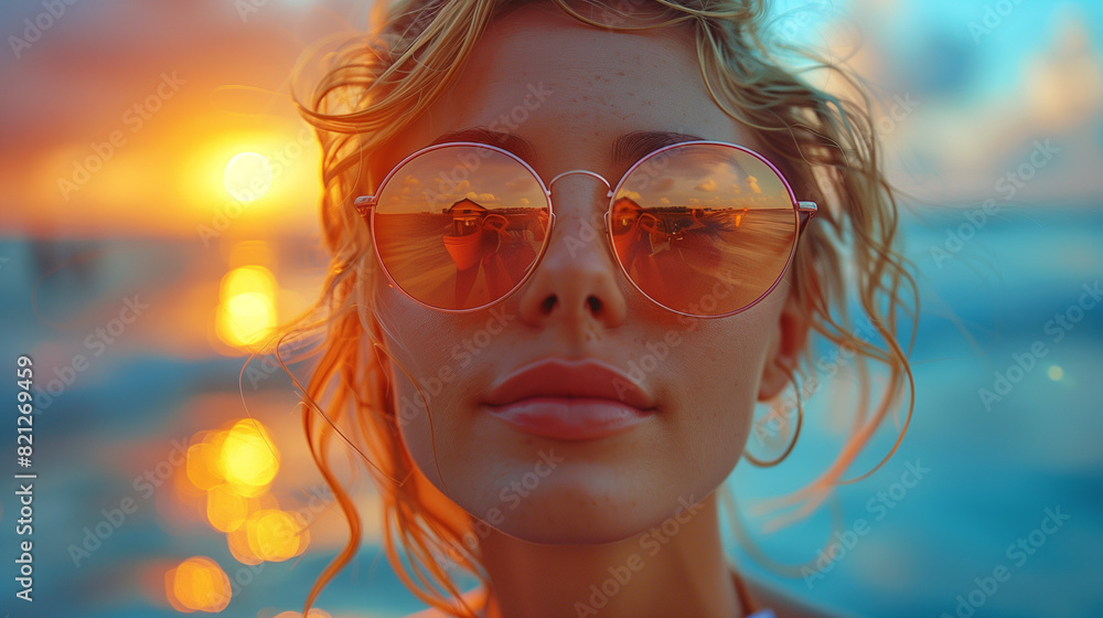 A woman at the beach during sunset, with round sunglasses reflecting the horizon A woman at the beach during sunset, with round sunglasses reflecting the horizon