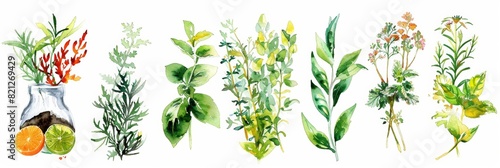 Vibrant Watercolor Herbs on White Background for Cooking Inspiration Generative AI