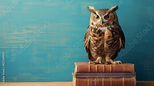 Wallpaper Mural A wise owl perched atop a stack of books, symbolizing knowledge, wisdom, and the pursuit of education. The image evokes themes of learning, study, and intellectual growth. Torontodigital.ca