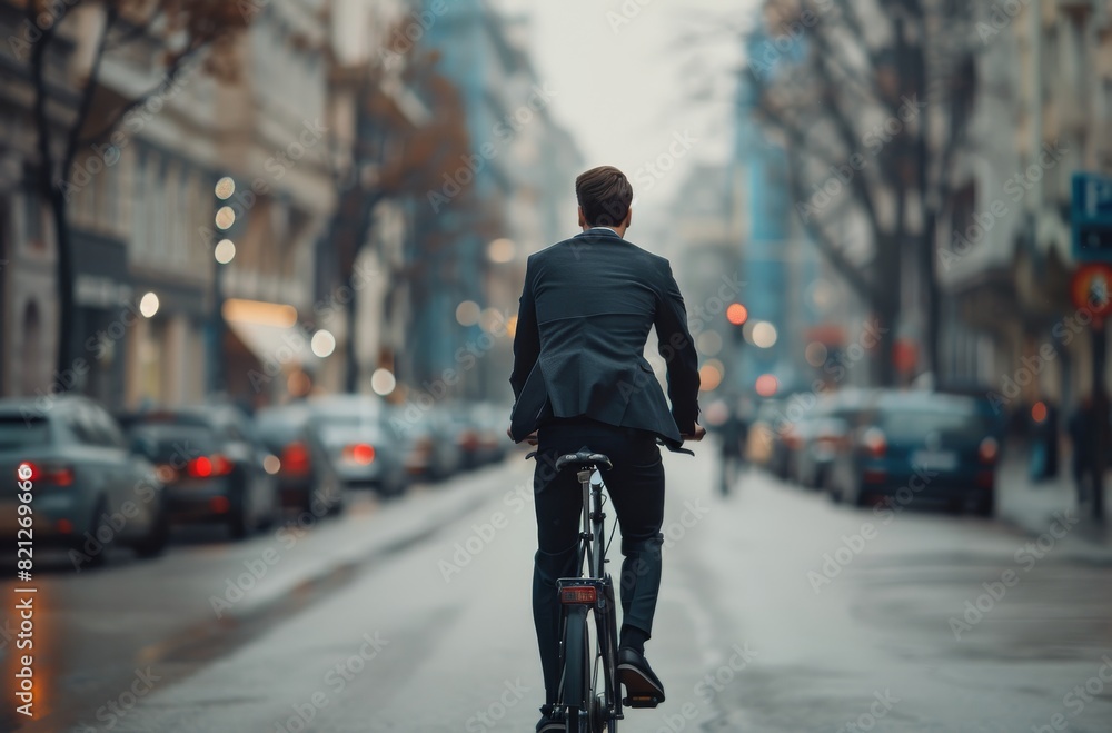 Man in Suit Riding Bike on Street