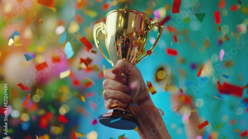 Person Holding Gold Trophy With Confetti Background