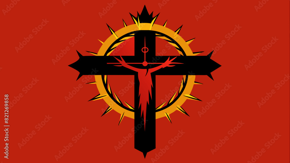 A cross with a crown of thorns hanging on it, representing the crucifixion, Vector graphics element silhouette illustration