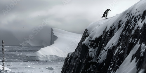 Gentoo penguin stands on the edge of a snow-covered cliff, looking out over the sea sky is overcast, and there are ice floes in the water photo