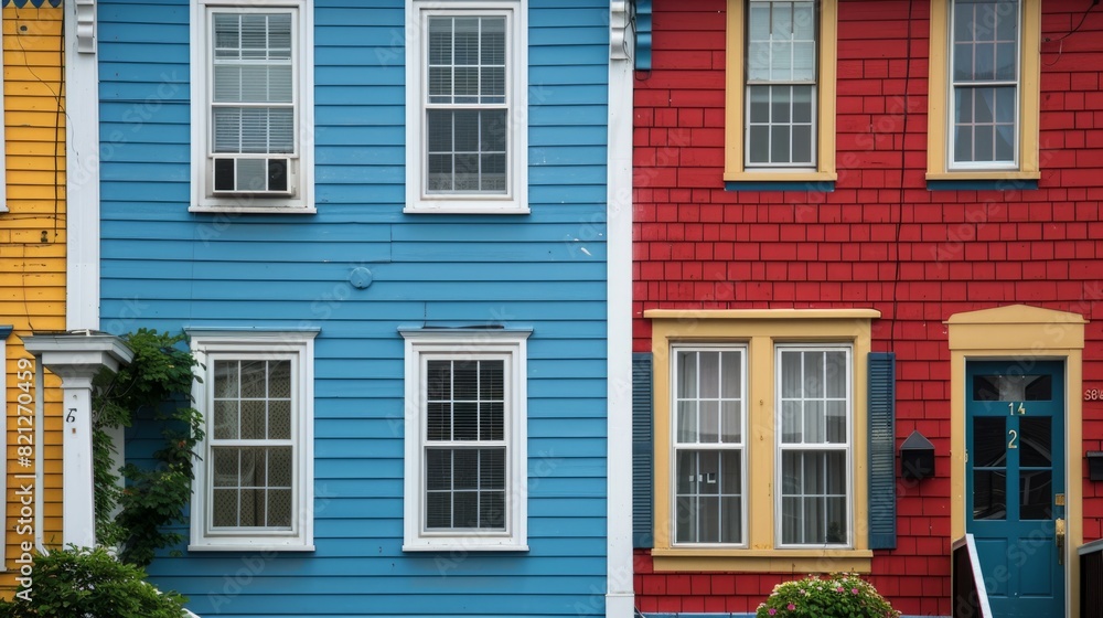 details of the facades of the houses, showing the bright colors and unique architectural details generative ai