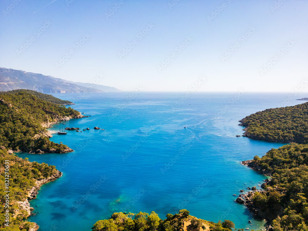 Fethiye Mediterranean sea and beach aerial drone view in Turkey. Fethiye Mediterranean sea and beach aerial drone view in Turkey.
