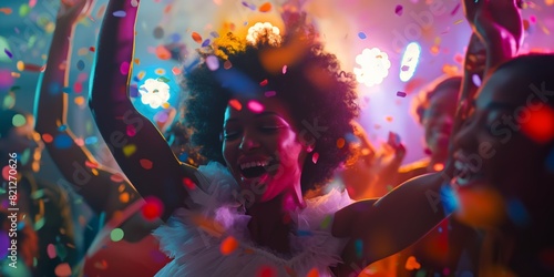 Vibrant party atmosphere captured with a person dancing, confetti flying, and colorful lights in the background