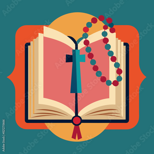 An open Bible with a rosary draped over it, Vector graphics element silhouette illustration
