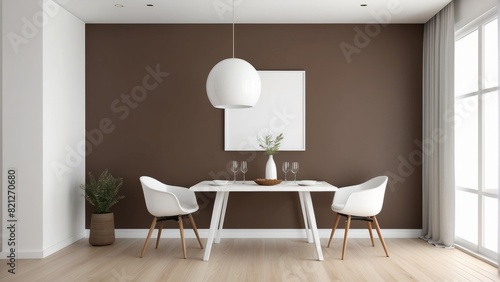 Interior design of modern dining room with brown chair and white table, minimalist style