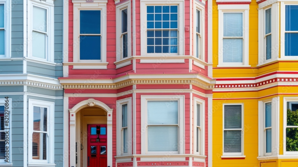 Fototapeta premium details of the facades of the houses, showing the bright colors and unique architectural details generative ai
