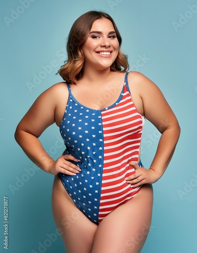 Patriotic Plus Size Model in Stars and Stripes Swimsuit photo