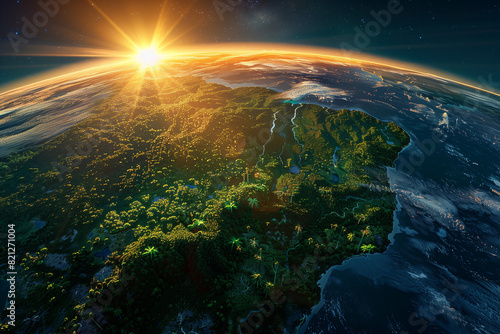 Sun shining over a high detailed view of Planet Earth, focused on South America, Amazon rainforest and Brazil, 3D render