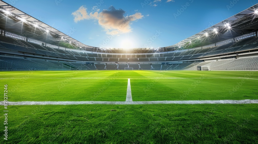 Photo of an empty soccer stadium with a vibrant green field