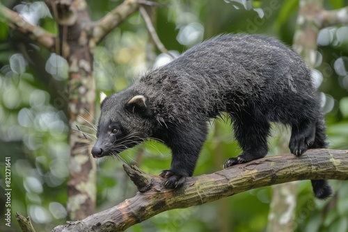A binturong perched on a tree branch in a lush forest. Created with Generative AI. photo