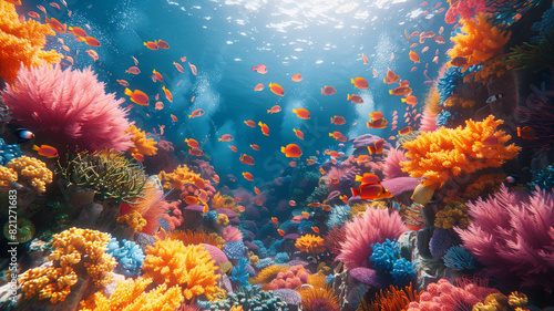An underwater scene showing a vibrant coral reef, with colorful fish and marine life, summer concept, 3D render © Anna