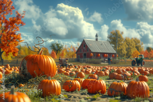 A scene of a pumpkin patch during harvest time  with people picking pumpkins and a tractor in the background  3D render