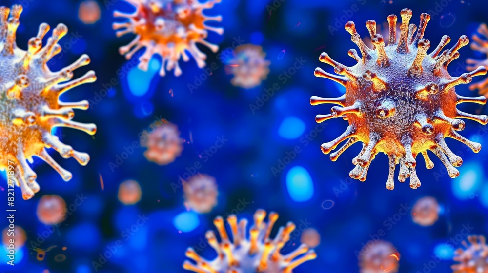 Intricate close-up of orange and yellow virus particles with textured spike proteins, floating against a deep blue background, highlighting scientific precision. Intricate close-up of orange and yellow virus particles with textured spike proteins, floating against a deep blue background, highlighting scientific precision.
