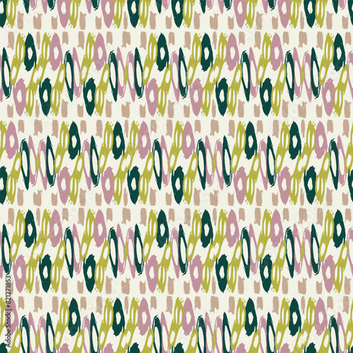 Summer meadow botanical hand drawn vector pattern. Retro fashion garden backdrop for decorative green pink floral seamless swatch. 