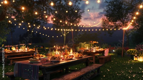 Evening  summer outdoor  outdoor barbecue  tables on the grass  food  string lights  distant views  dinner party atmosphere. Generative AI.