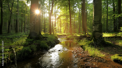serene forest scene with a small creek running through sun shines through the trees, casting light on the green grass and creating a peaceful atmosphere