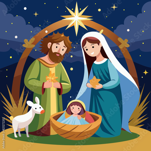Mary, Joseph, and baby Jesus in the manger with the Star of Bethlehem shining above, Vector graphics element silhouette illustration
