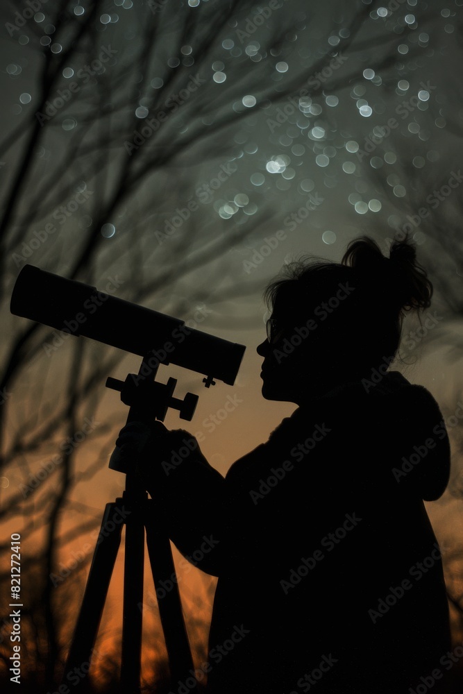 woman looking at the night sky with telescope beside. ai generated