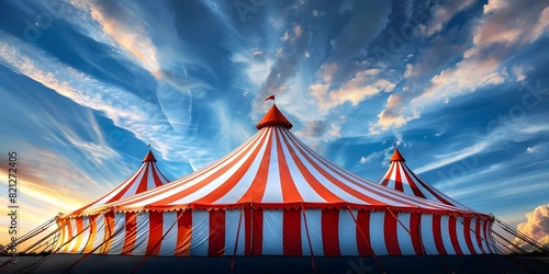 Colorful circus tent with red and white stripes set against a blue sky. Concept Circus tent, Striped backdrop, Blue sky, Colorful photography, Outdoor photoshoot