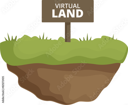 Graphic representation of a floating island with a sign reading virtual land symbolizing digital real estate
