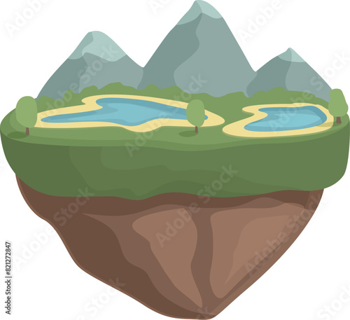 Surreal floating mountain landscape illustration with lush greenery, tranquil lakes, and mythical trees, creating a fantastical and whimsical environment in a digital world