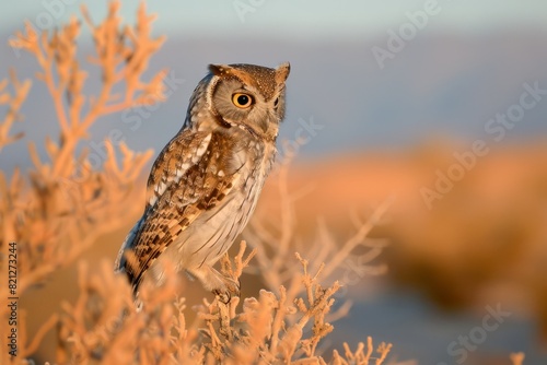 A Pallid Scops Owl perched on a desert shrub at dusk. Created with Generative AI. photo