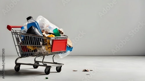 Shopping cart full of garbage on isolated background photo