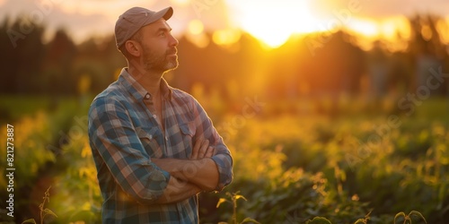 A farmer stands with crossed arms in a field, observing his crops against the background of a glowing sunset