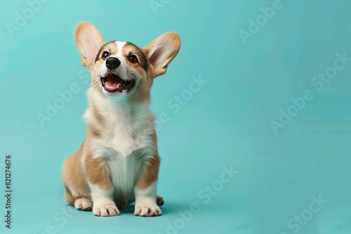 happy Puppy Welsh Corgi 13 Weeks old  dog winking  panting and sitting isolated on one color background - Generative Ai
