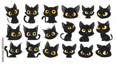 Black cats cartoon vector set. Pets big yellow eyes ears fur tail different muzzle expressions cute characters, illustration isolated on white background