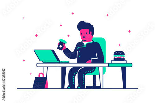 Man eating delivery lunch fast food at work